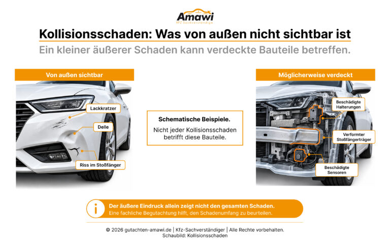 Kollisionsschaden am Auto: sichtbare Stoßfängerschäden und mögliche verdeckte Schäden an Halterungen, Träger und Sensoren.